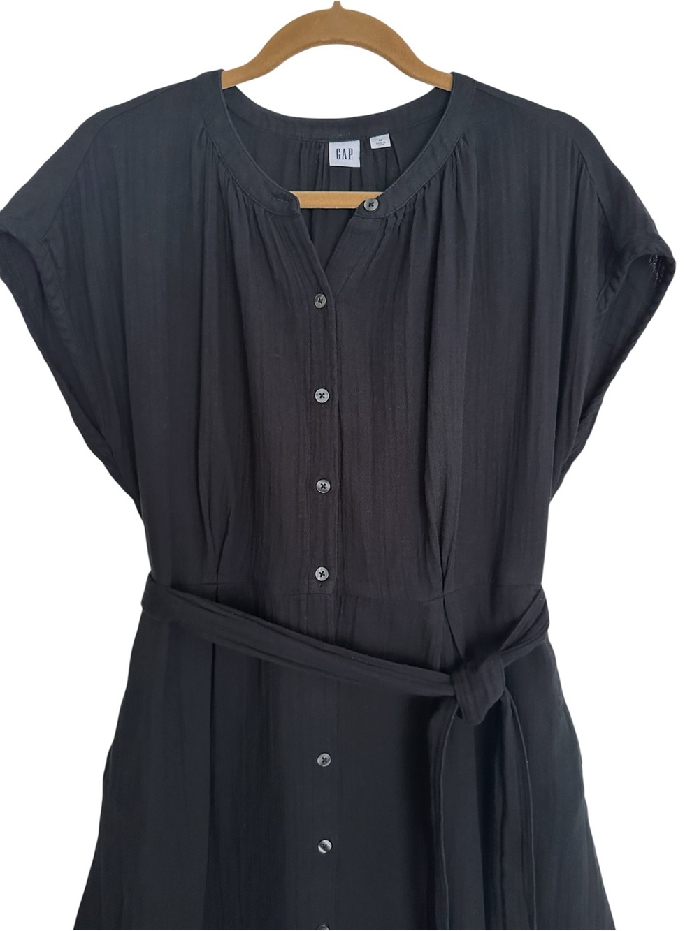 GAP Black 100% Cotton Crinkle Gauze Midi Shirtdress Casual Tie Waist Size Medium - Picture 3 of 13